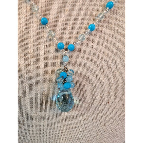 Handmade Blue Beaded Necklace With Crystal Drop Pendant & Lobster Clasp Closure - Picture 2 of 6